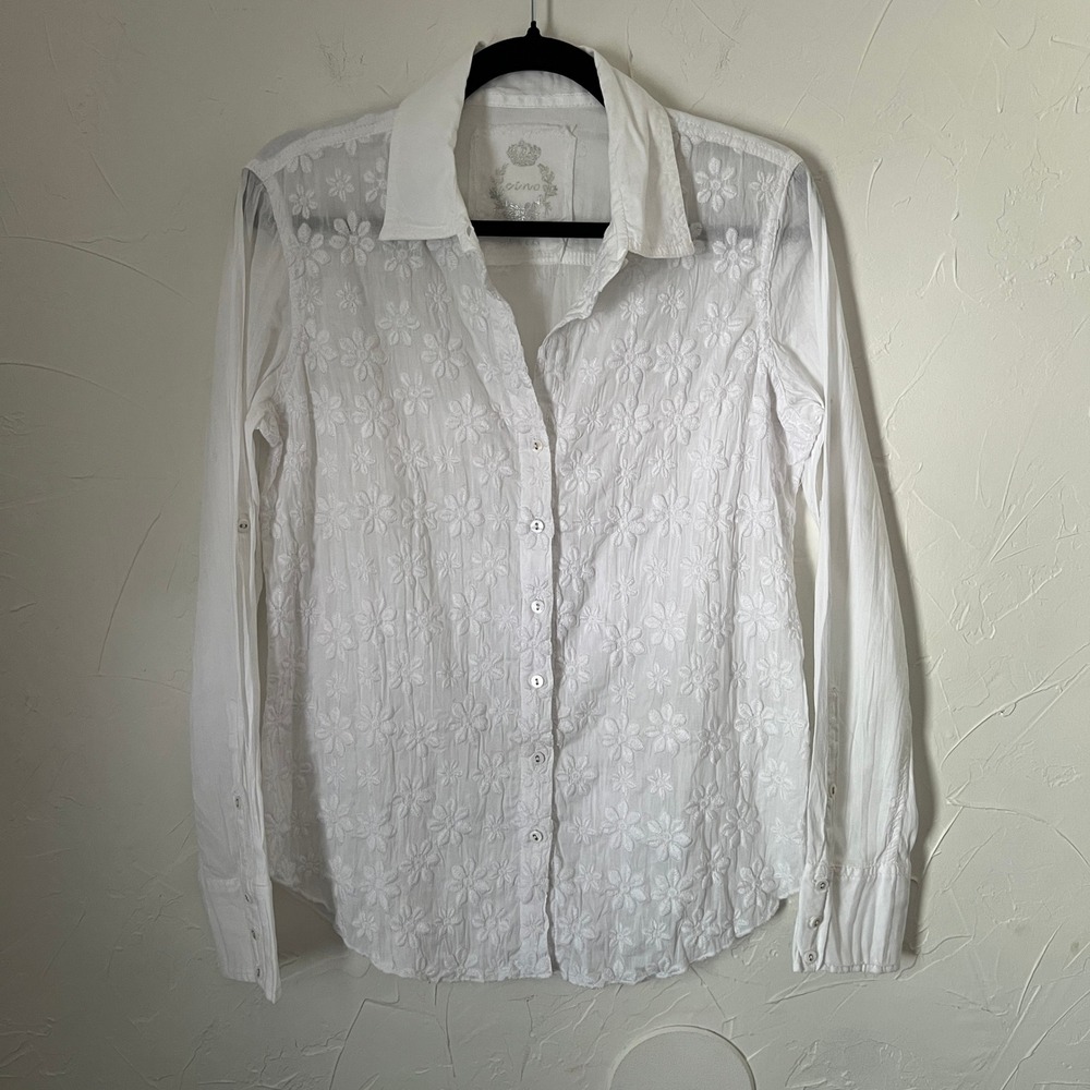 Cino White Embroidered Cotton Button Down Blouse Small Boho Floral Coastal Top - Picture 6 of 10
